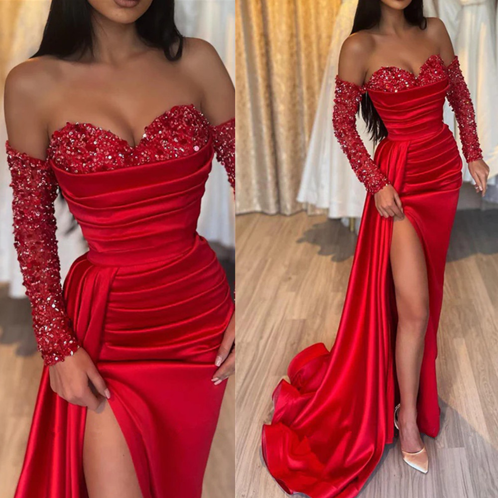 Elegant Pink evening dresses Bateau Neck Beads Crystal Long Sleeves formal party prom dress Split red carpet dresses for special occasions Custom Made