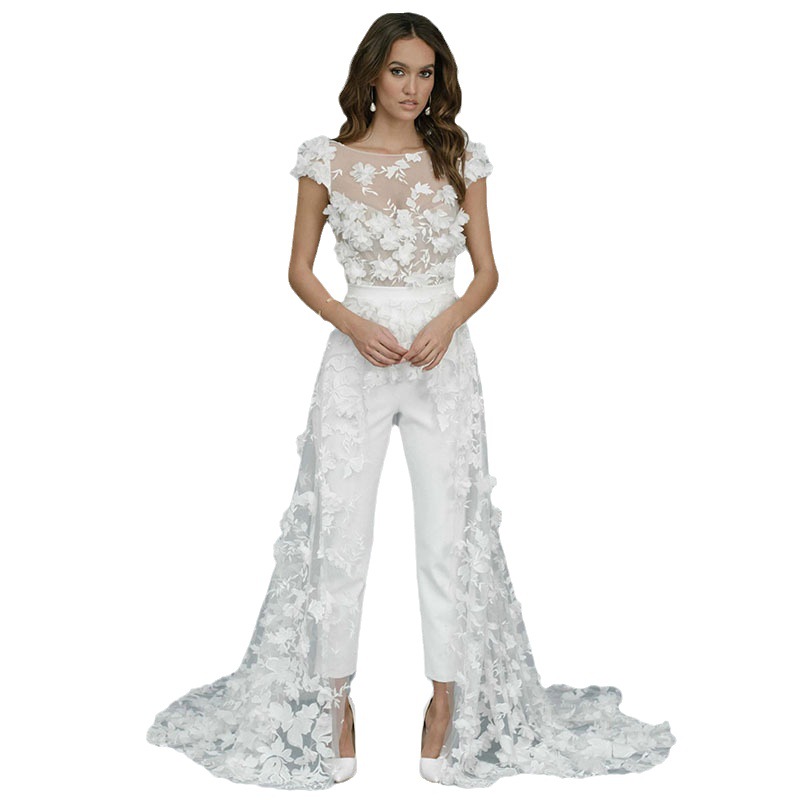 2023 Wedding Jumpsuit Dress Long Train 3D Floral Applique Backless Bridal Party Gowns Pants Suit Illusion Cap Sleeves Vestidos De Novia