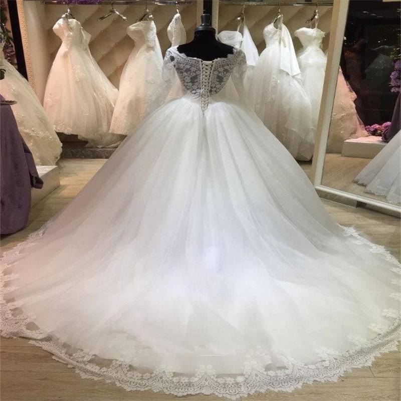 Princess Laceful Wedding Dress illusion Long Sleeve Ball Gown Country Style Bridal Dress Appliques Corset Sweep Train Tulle Bride Dress Farm Robe De M