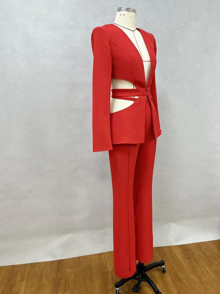 Women s Two Piece Pants Red Sexy Women Suit Blazer And Hollow Out V Neck Jacket Casual Wide Leg For Club Party Holiday Suits 231201