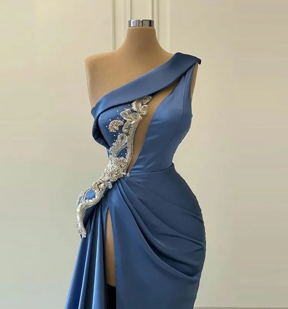 Prom Dresses Plus Size Evening Gown Party Formal Zipper Lace Up New Custom Thigh-High Slits Mermaid Sleeveless Applique One-Shoulder Satin Beaded