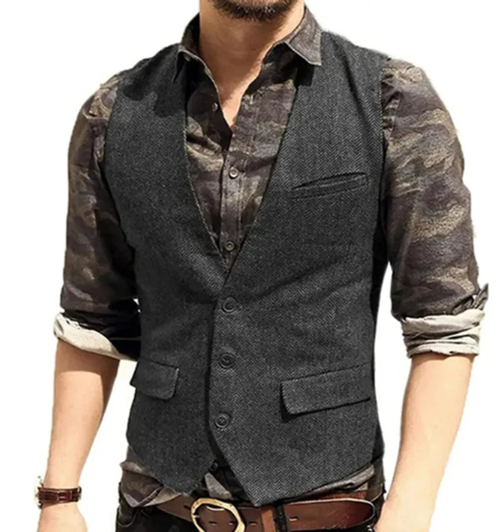 Men's Vests Black Flip Pocket Men Suit Vest V Neck Jacket Herringbone Tweed Business Waistcoat Wedding Groomman Clothing Victorian Steampunk 2311