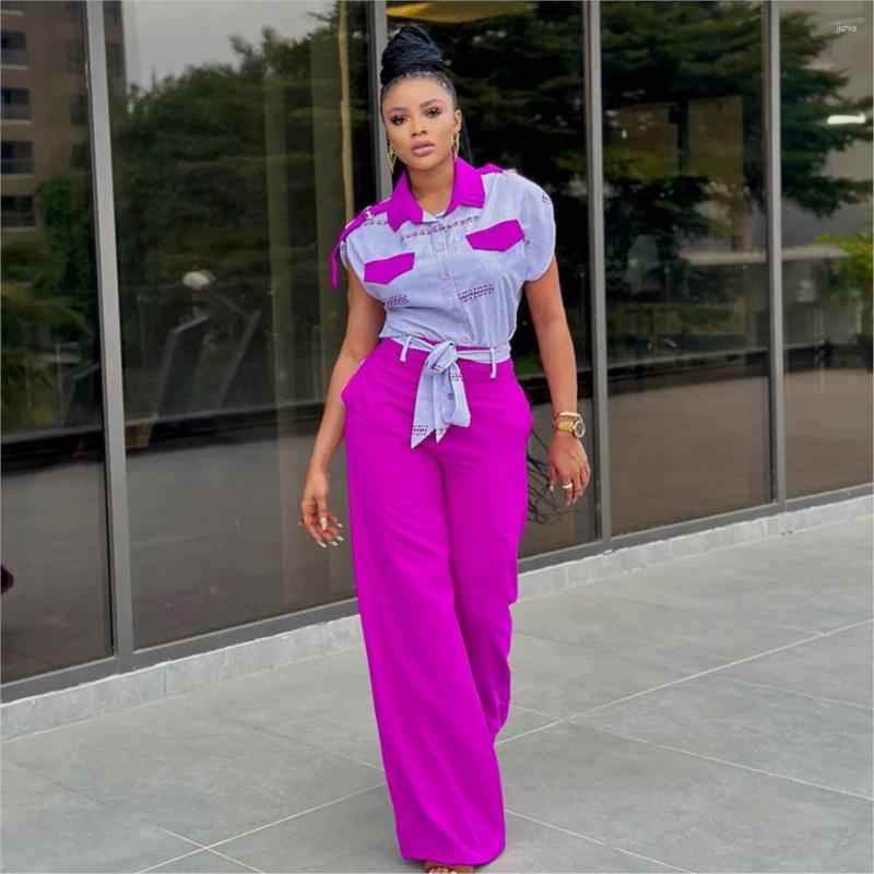 Womens Two Piece Pants Set 2024 Spring Summer Fashion Turn Down Collar Short Sleeve Shirt Strap Wide Leg Pant Elegant Outfits