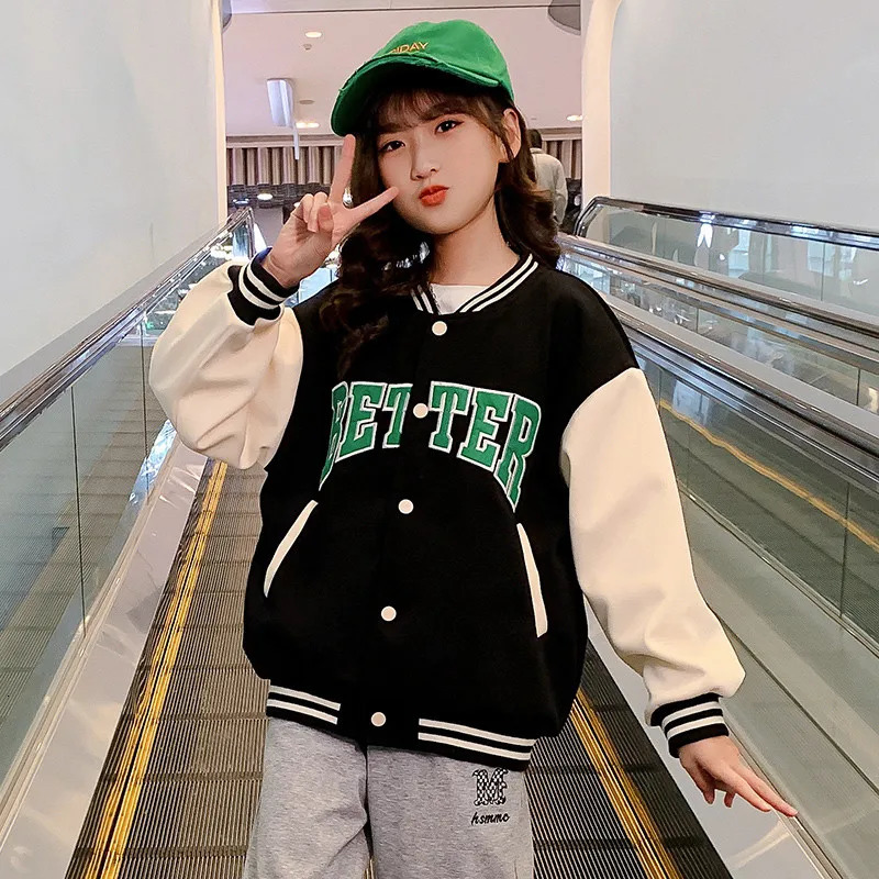 Jackets Spring Autumn Green Baseball Jacket Big Kids Teens Casual Clothes For Teenage Girls Sports Outerwear Coat Age 4 5 7 9 11 13 Year 231130