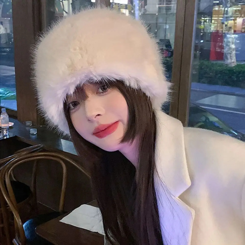Wide Brim Hats Bucket Hats Women Winter Warm Bucket Hat Faux Rabbit Fur Fisherman Cap Soft Furry Panama Hat Lady Outdoor Sun Cap Warmer 231201