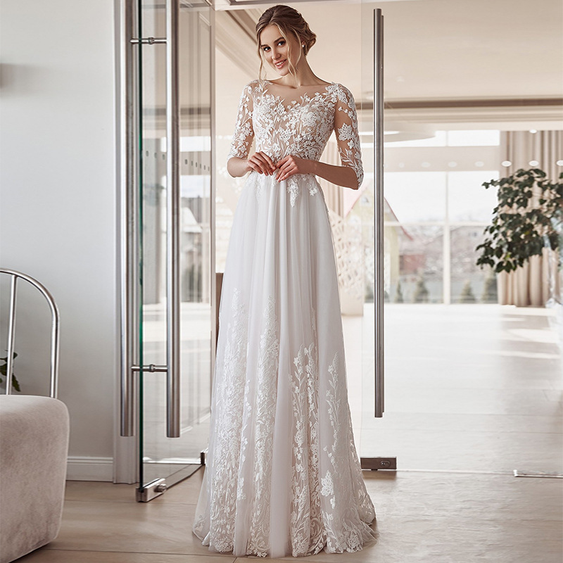 2024 Elegant A-line Wedding Dress Scoop Sheer Neck Half Sleeves Lace Appliques Tulle Bridal Formal Gowns Custom Made Vestidos De Novia Mariage