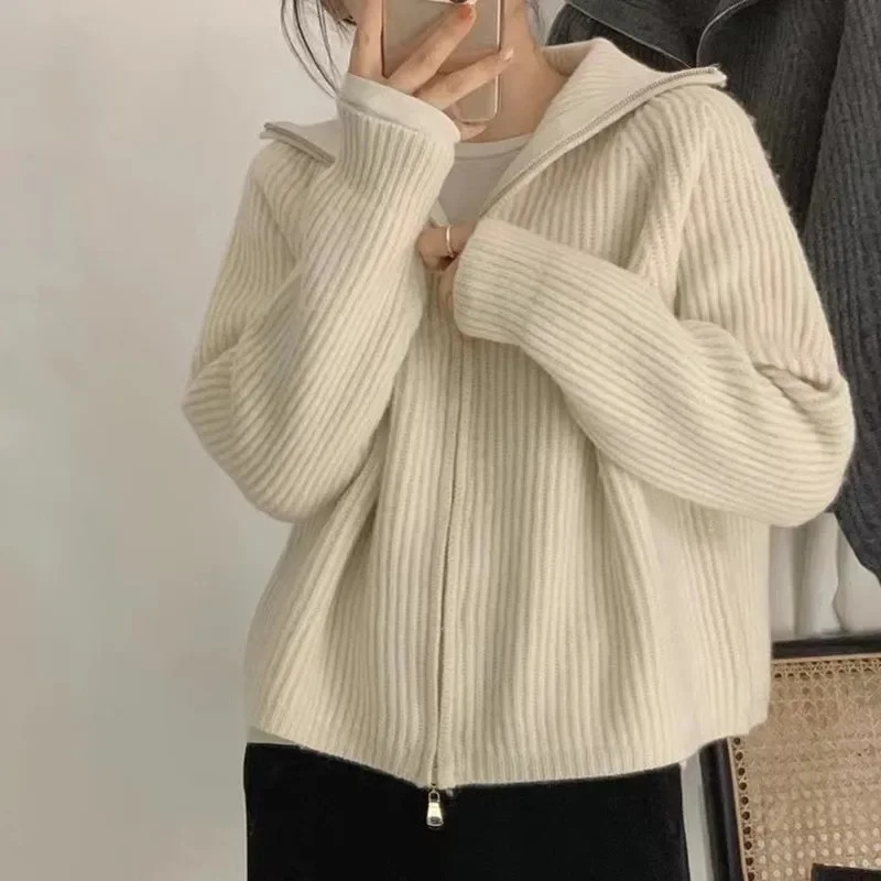 Women's Jackets Autumn Winter Cashmere Cardigan Women 100pure Zipper Lapel Sweater Knitted Loose Wool Coat 231130
