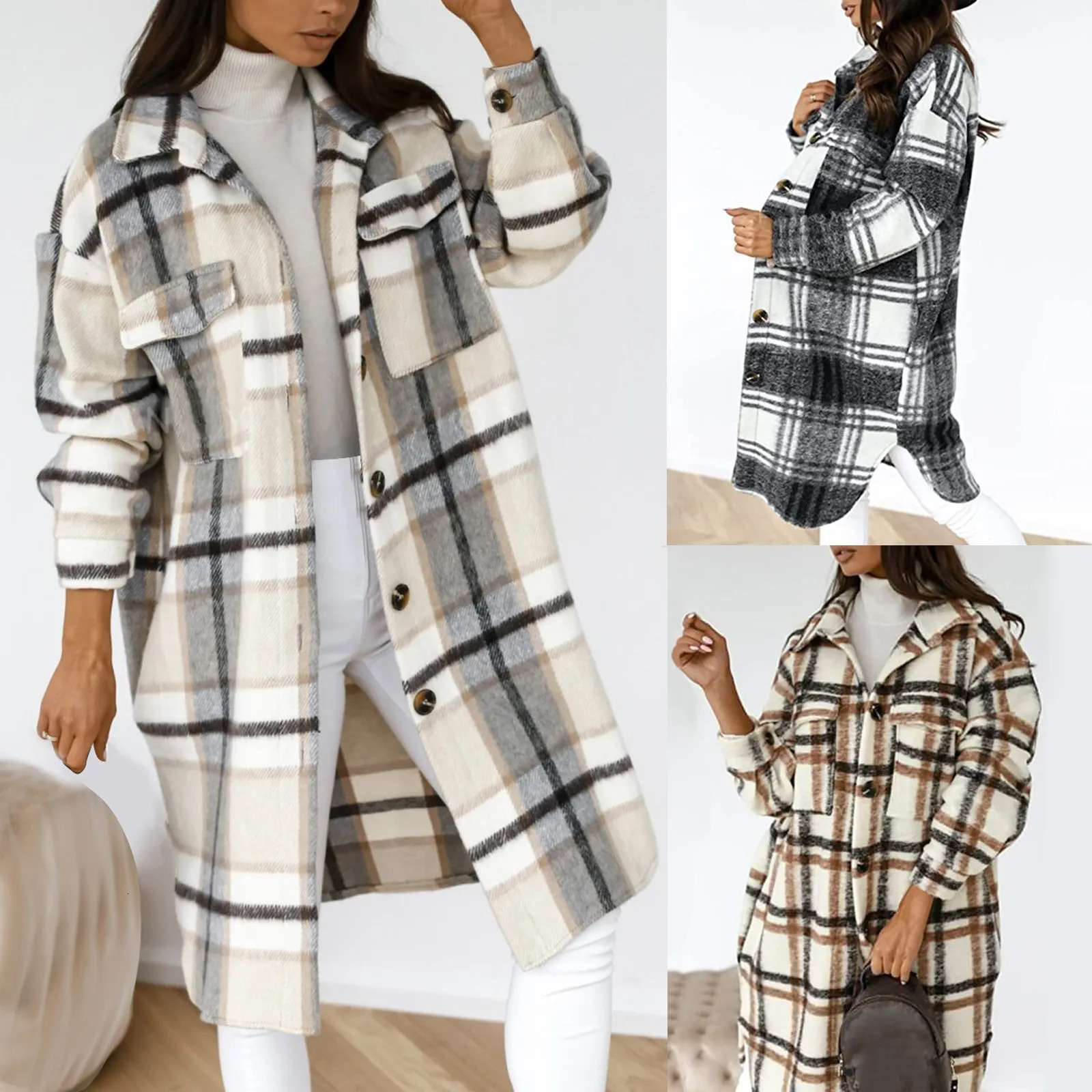 Women's Wool Blends Women's Outerwear Fashion Plaid Woolen Coat Long Sleeve Plaid Print Button Open Front Long Cardigan Outerwear 231101