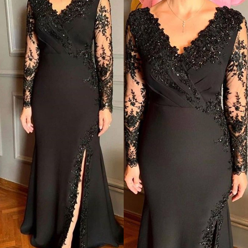 Elegant Black Long Mother Of The Bride Dresses Beaded V-neck Lace Appliques Long Sleeves Wedding Guest Dress Side Split Satin Formal Evening Gowns 202