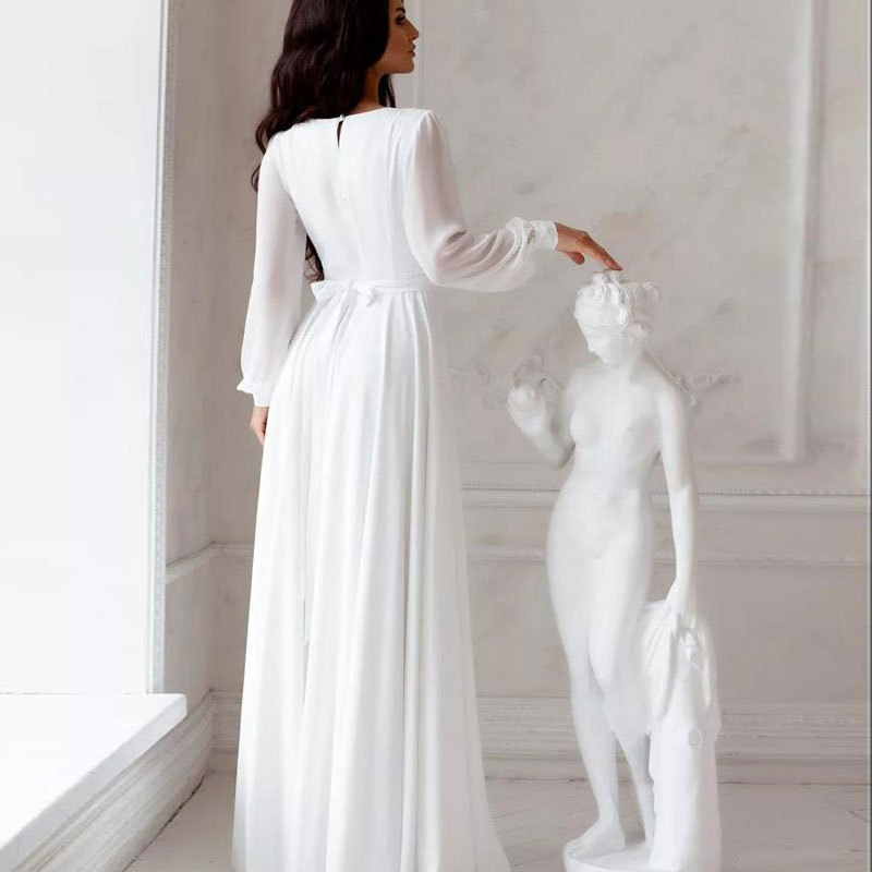 2024 New Arrival A-line Wedding Dress V-neck Long Sleeves Sash Chiffon Boho Women Bridal Gowns Simple Custom Made Vestidos De Novia Mariage