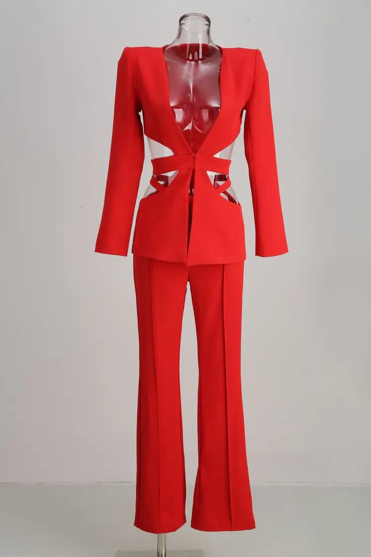 Women s Two Piece Pants Red Sexy Women Suit Blazer And Hollow Out V Neck Jacket Casual Wide Leg For Club Party Holiday Suits 231201