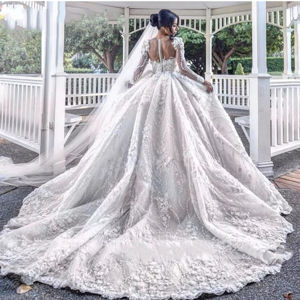 Luxurious Arabic Long Sleeves Wedding Dresses Illusion Crystal Beading Formal Bridal Gowns Robe de Mariee Custom Made