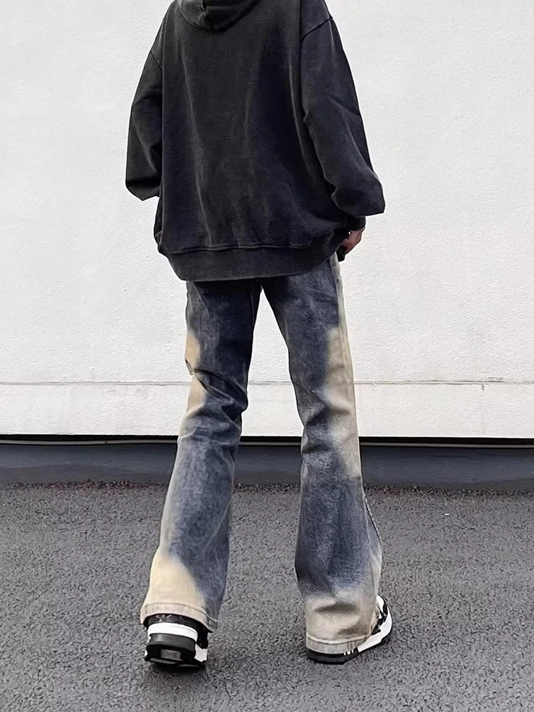 Men s Jeans Street Wear Irregular Patchwork Washed Vintage Distressed Slim Micro Flared Denim Pants Y2k Water Dyeing Horn Jean Hip Hop 231201