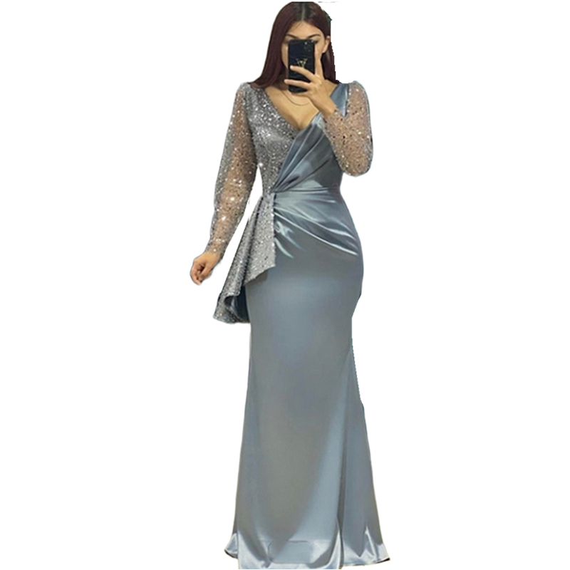 Elegant Long Sleeves Evening Dresses Pearls Sequins Beaded V-Neck Mermaid Formal Occasion Dress For Women Silver Satin Long Prom Dress
