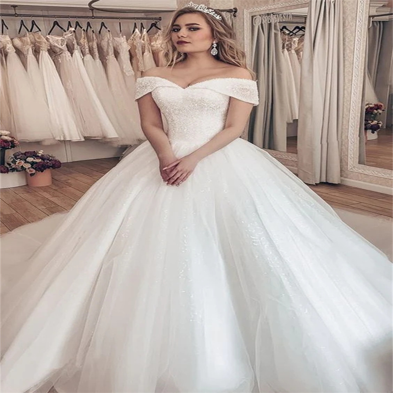 Princess Off Shoulders Wedding Dress 2024 Elegant Ball Gown Korean Country Style Garden Bridal Dress 2024 Sequin Bling Lace Up Corset Boho Bride Dress