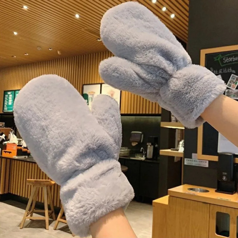Five Fingers Glove Cute Lovely Sweety Soft Solid Plush Fluffy Winter Keep Warm Cold Protection Windproof Thickened Mittens 231130