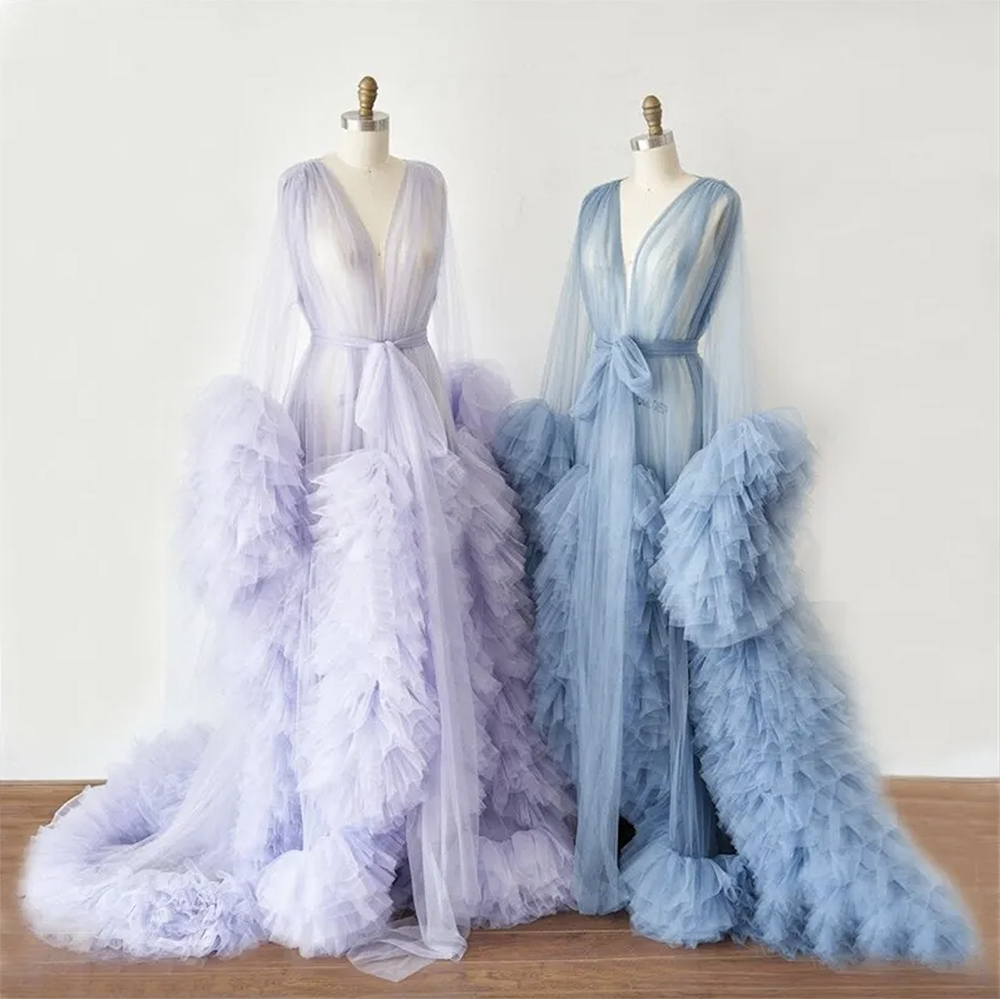 Newest Night Gown Illusion Bride Sleepwear Robes Tulle Custom Made Long Sleeves Dressing Gown Women Sexy Sleepwear Dresses