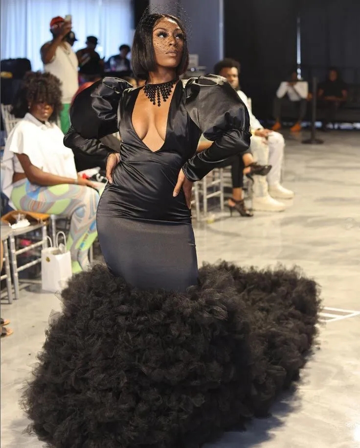 Black Puffy Long Sleeve Mermaid Prom Paty Formal Dress 2024 Ruffles Sweep Train Celebrity Runway Dresses vestidos para mujer