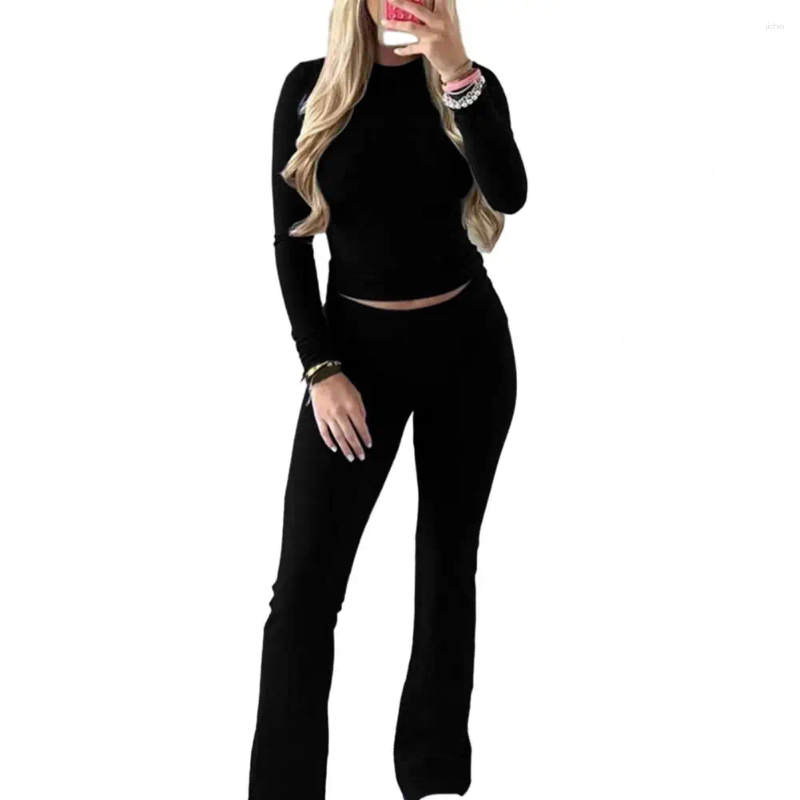 Womens Two Piece Pants Fall Women Suit Elastic Waist Stylish Retro Long Sleeves Top Slim Fit High Soft For Yoga