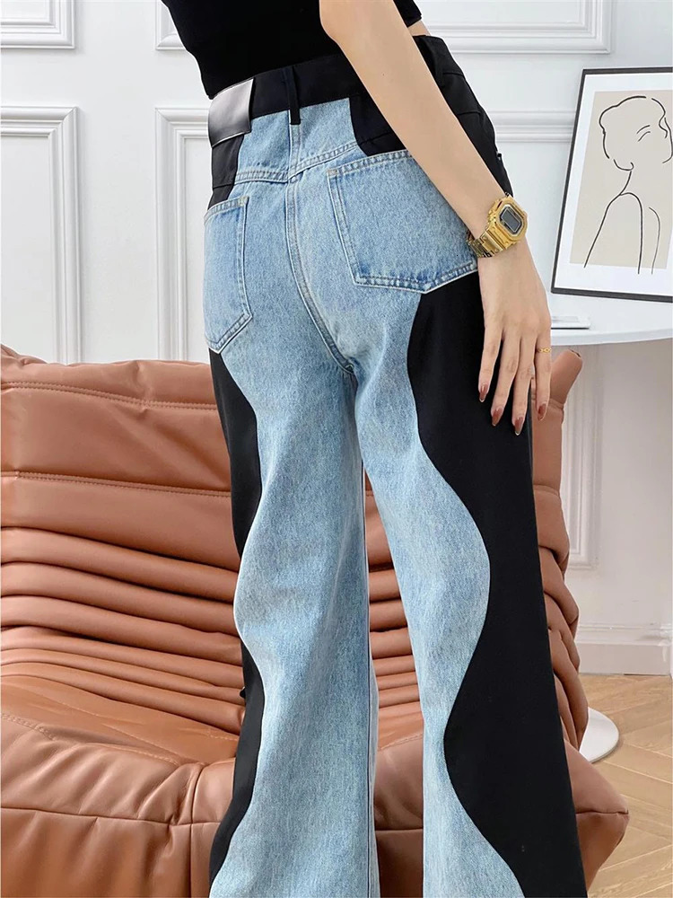 Women's Jeans DEAT Fashion Women's Jeasn High Waist Black Blue Wave Spliced Straight Tube Wide Leg Denim Pants Autumn 17A2517 231130