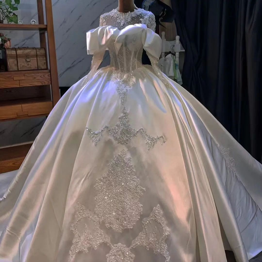 Lace Gorgeous Ball Wedding Dresses Long Sleeves Beaded Bridal Gown Sequined Sweep Train Satin Vestido De Novia For Bride