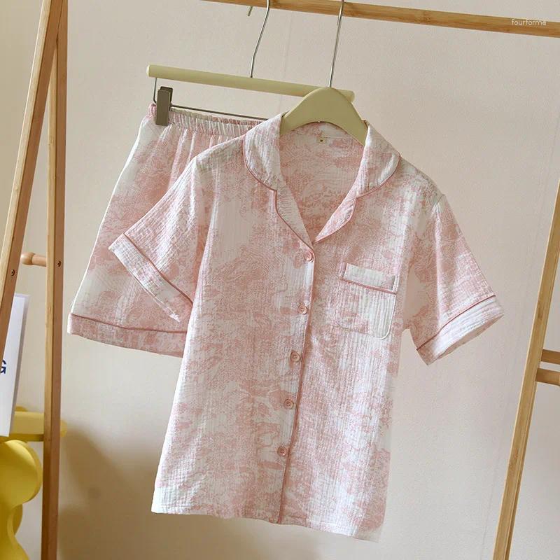 Women's Sleepwear Summer Pamas for Women Two-piece Set Sleep Tops and Shorts Suit Pure Cotton Floral Print Pijama Lingerie