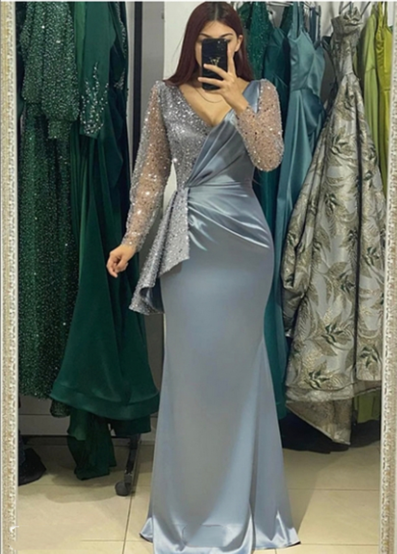 Elegant Long Sleeves Evening Dresses Pearls Sequins Beaded V-Neck Mermaid Formal Occasion Dress For Women Silver Satin Long Prom Dress