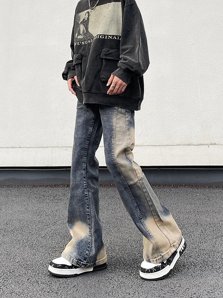 Men s Jeans Street Wear Irregular Patchwork Washed Vintage Distressed Slim Micro Flared Denim Pants Y2k Water Dyeing Horn Jean Hip Hop 231201