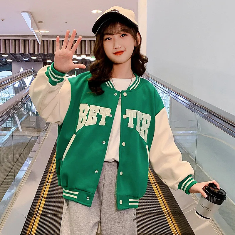 Jackets Spring Autumn Green Baseball Jacket Big Kids Teens Casual Clothes For Teenage Girls Sports Outerwear Coat Age 4 5 7 9 11 13 Year 231130