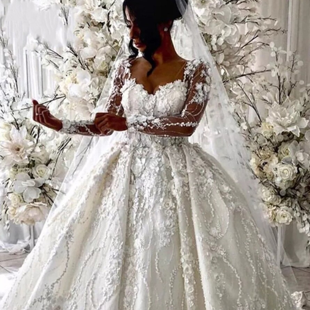 Luxurious Arabic Long Sleeves Wedding Dresses Illusion Crystal Beading Formal Bridal Gowns Robe de Mariee Custom Made