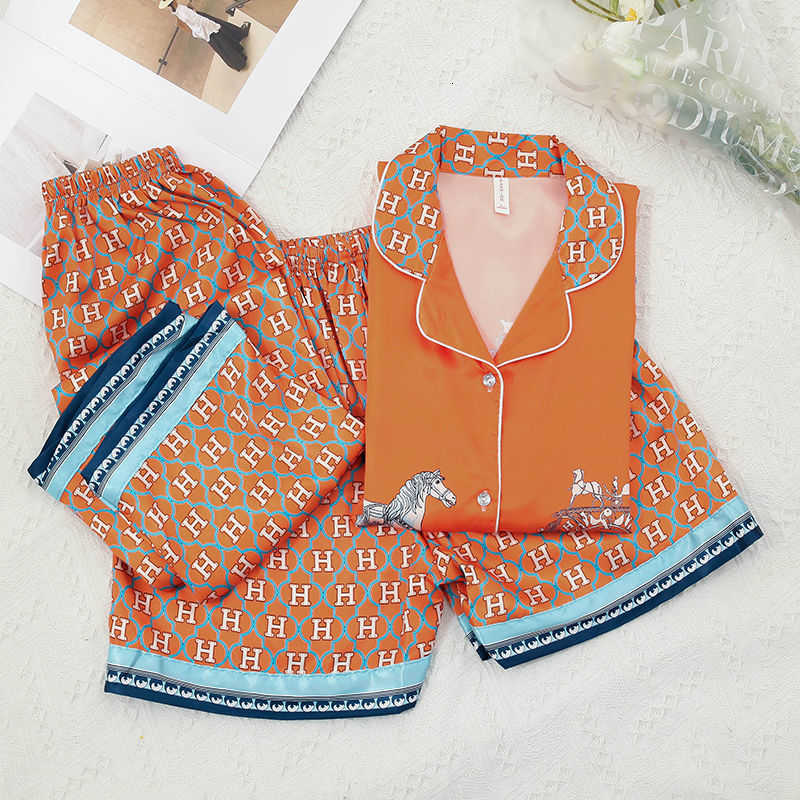 Women's Sleepwear Designer Sleepwear pajama Summer h Ma Orange Ice Silk Spring and Autumn High Beauty Thin Three Piece Home Furnishing Set