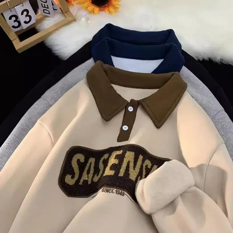 Men's Hoodies Sweatshirts Korean style polo shirt sweatshirt men's autumn and winter oversize heavy college embroidered loose velvet lapel j