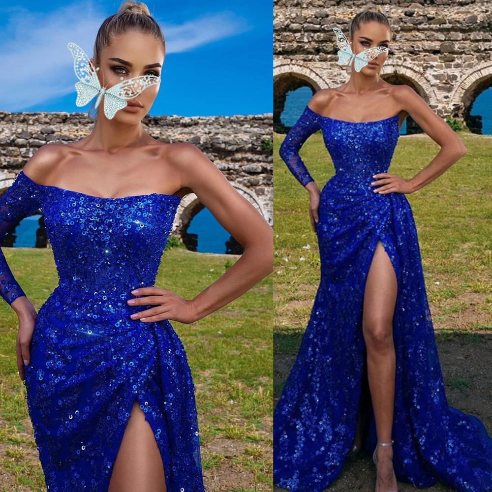 Royal Short Blue Prom Dresses Women Elegant Evening Dress Long Sleeves Illusion Satin Sexy Graduaton Party Vestido De Gala