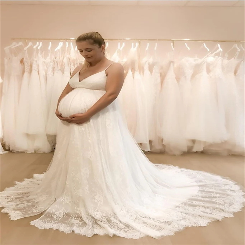Elegant Boho Maternity Wedding Dress 2024 Sexy Spaghetti Straps Laceful Plus Size Bohemian Wedding Gowns For Bride Backless Sweep Train Tulle Country 