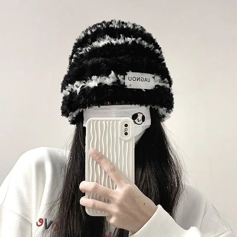 Beanie Skull Caps Striped Plush Beanies Hat Winter Warm Faux Fur Knit Cap for Female Lady Korean Fluffy Windproof Bucket Hats Bonnet Gorras 231130