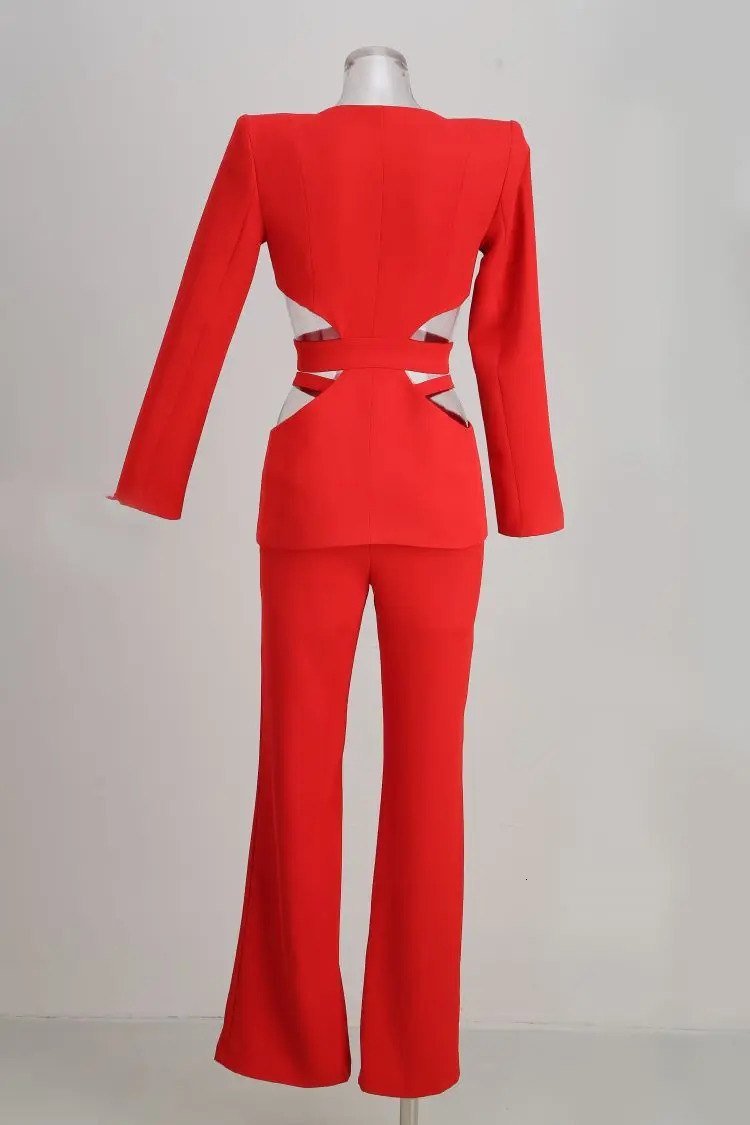 Women s Two Piece Pants Red Sexy Women Suit Blazer And Hollow Out V Neck Jacket Casual Wide Leg For Club Party Holiday Suits 231201