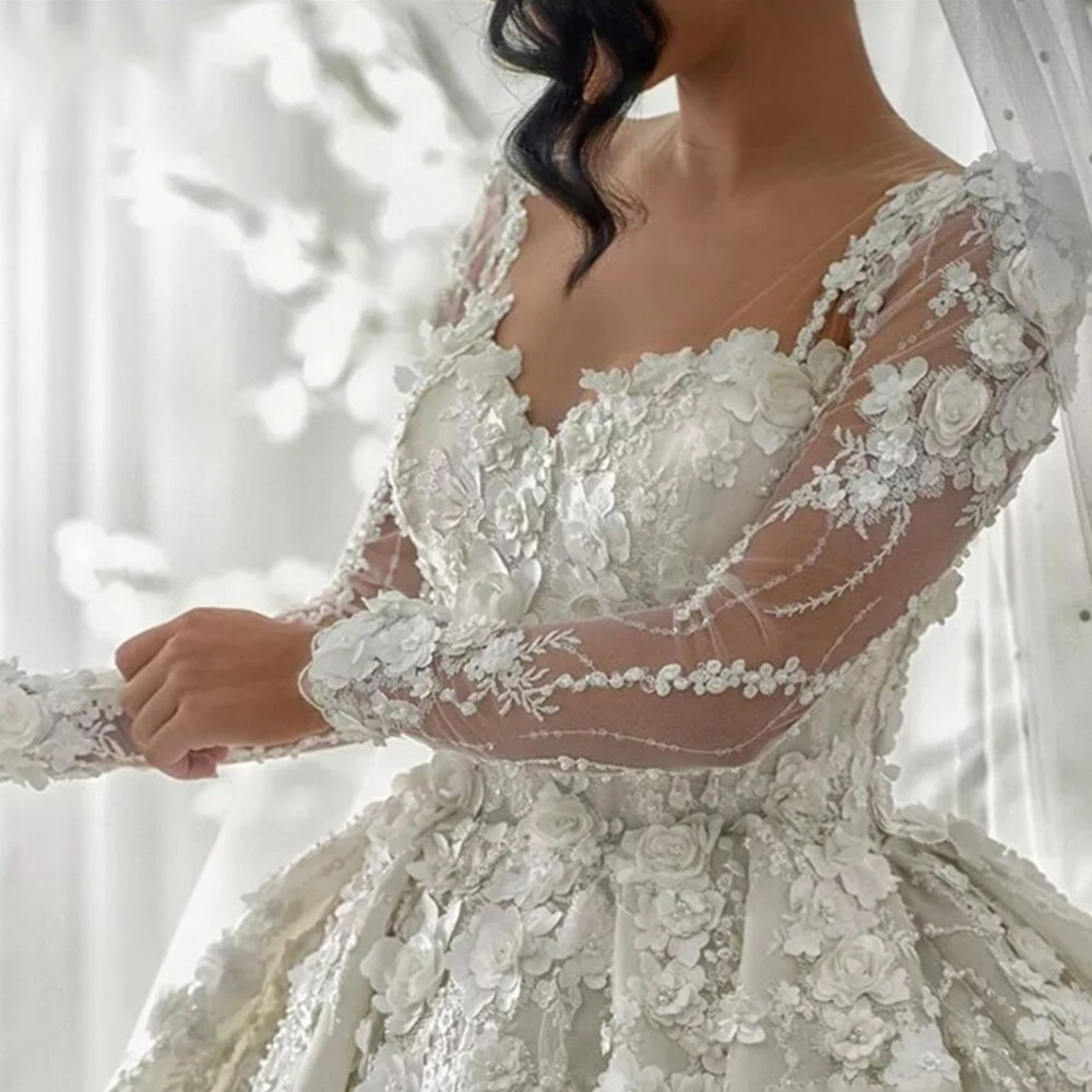 Luxurious Arabic Long Sleeves Wedding Dresses Illusion Crystal Beading Formal Bridal Gowns Robe de Mariee Custom Made