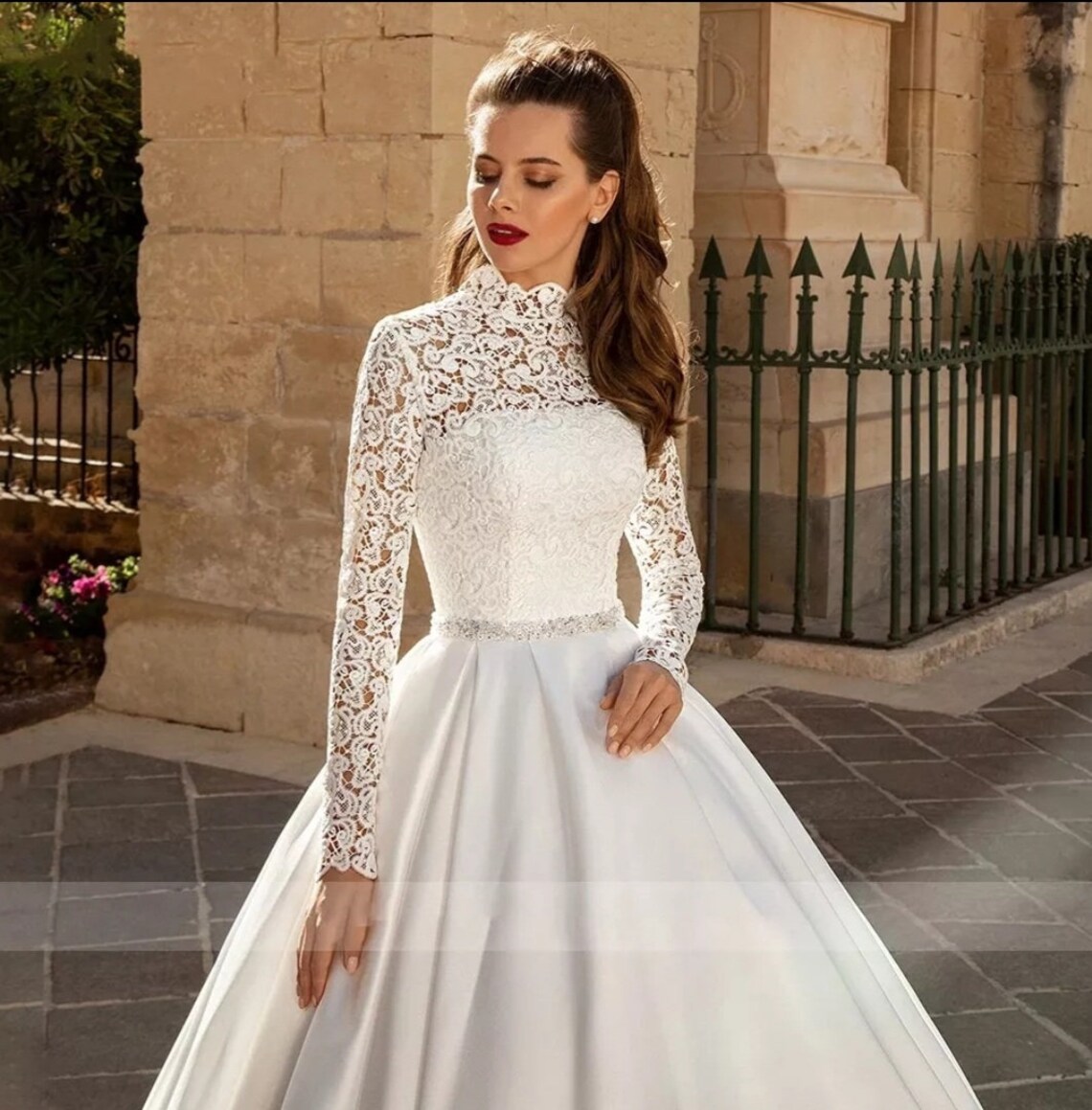 Simple Chapel Satin Long Sleeve Wedding Dresses Empire Waist A Line Plunging High Corset Back Draped Reception Bridal Vestidos De Novia YD