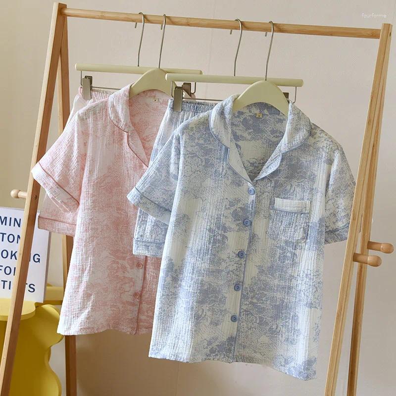 Women's Sleepwear Summer Pamas for Women Two-piece Set Sleep Tops and Shorts Suit Pure Cotton Floral Print Pijama Lingerie