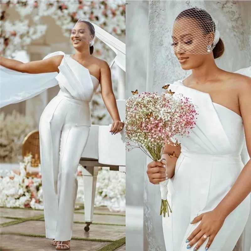 African White Jumpsuits Wedding Dress 2024 One-Shoulder Satin Bride Reception Jumpsuit Women Pant Suits Vestido De Noiva