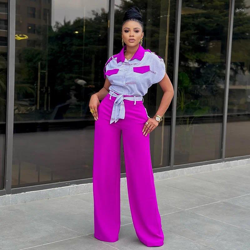 Womens Two Piece Pants Set 2024 Spring Summer Fashion Turn Down Collar Short Sleeve Shirt Strap Wide Leg Pant Elegant Outfits