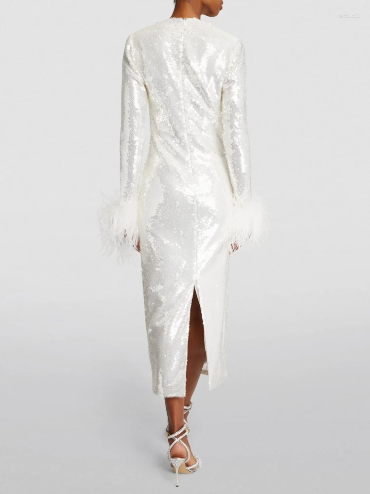 Casual Dresses Women O Neck Long Sleeve Luxury Sequin Feather Midi Dress Elegant Celebrity White Sequinned Bodycon Evening Part