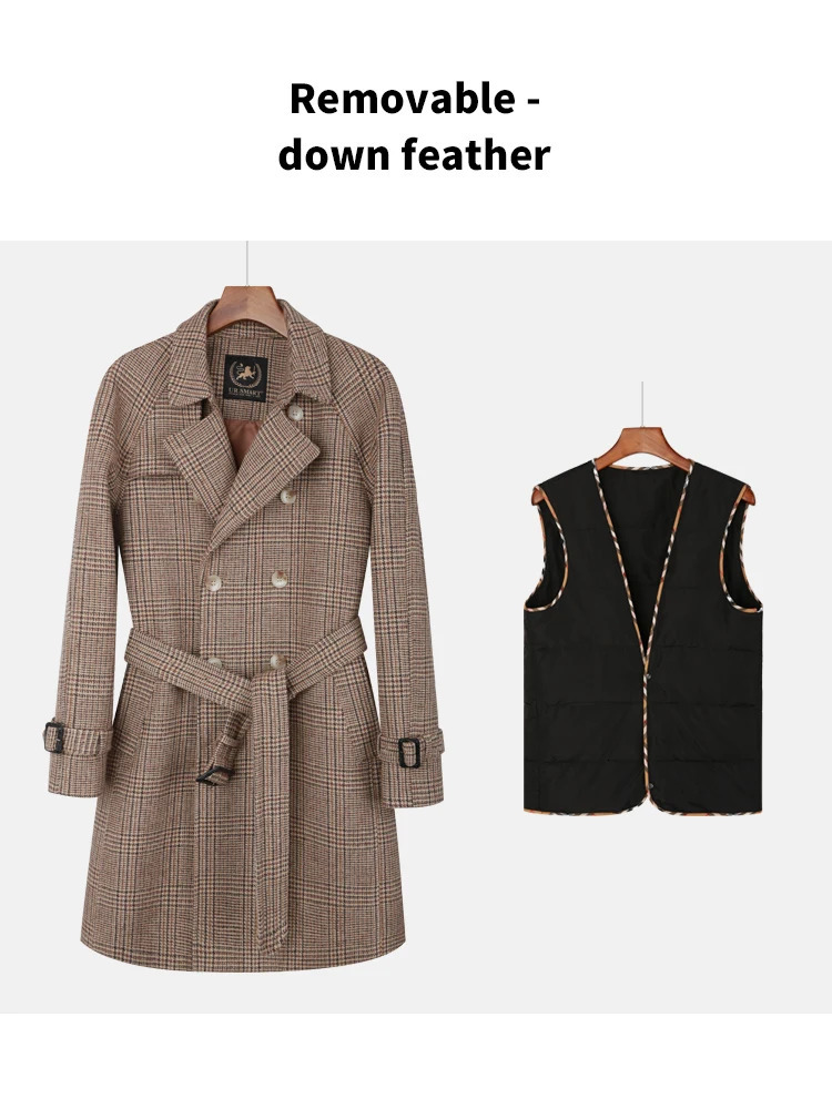 Men's Wool Blends Classic wool plaid coat for men with double breasted British fashion thickened insulation detachable down jacket 231130