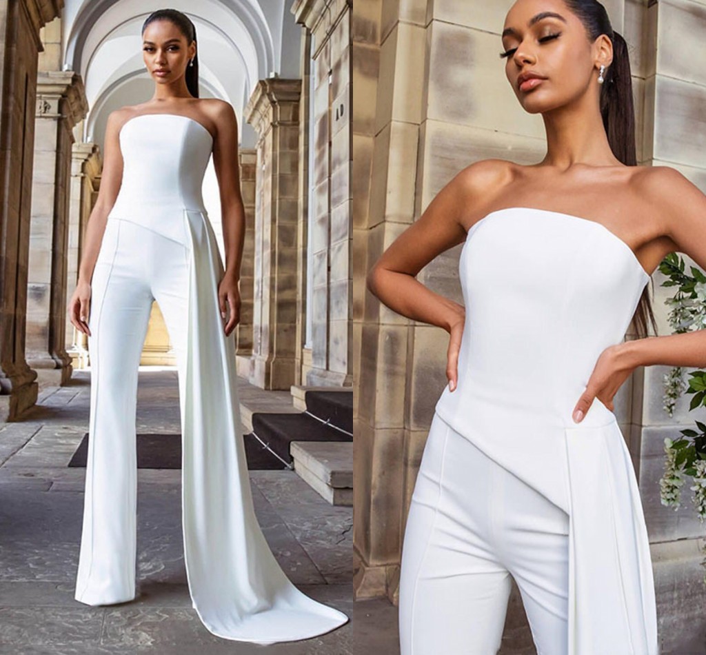 2025 Strapless Crepe Wedding Dress With Train Sleeveless Floor Length Bridal Party Gowns Maxi Jumpsuit Robe de Soiree for Women Vestido De Noiva