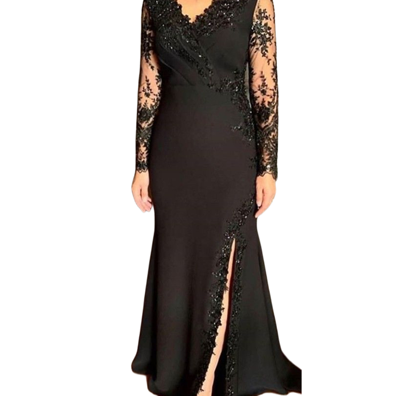 Elegant Black Long Mother Of The Bride Dresses Beaded V-neck Lace Appliques Long Sleeves Wedding Guest Dress Side Split Satin Formal Evening Gowns 202