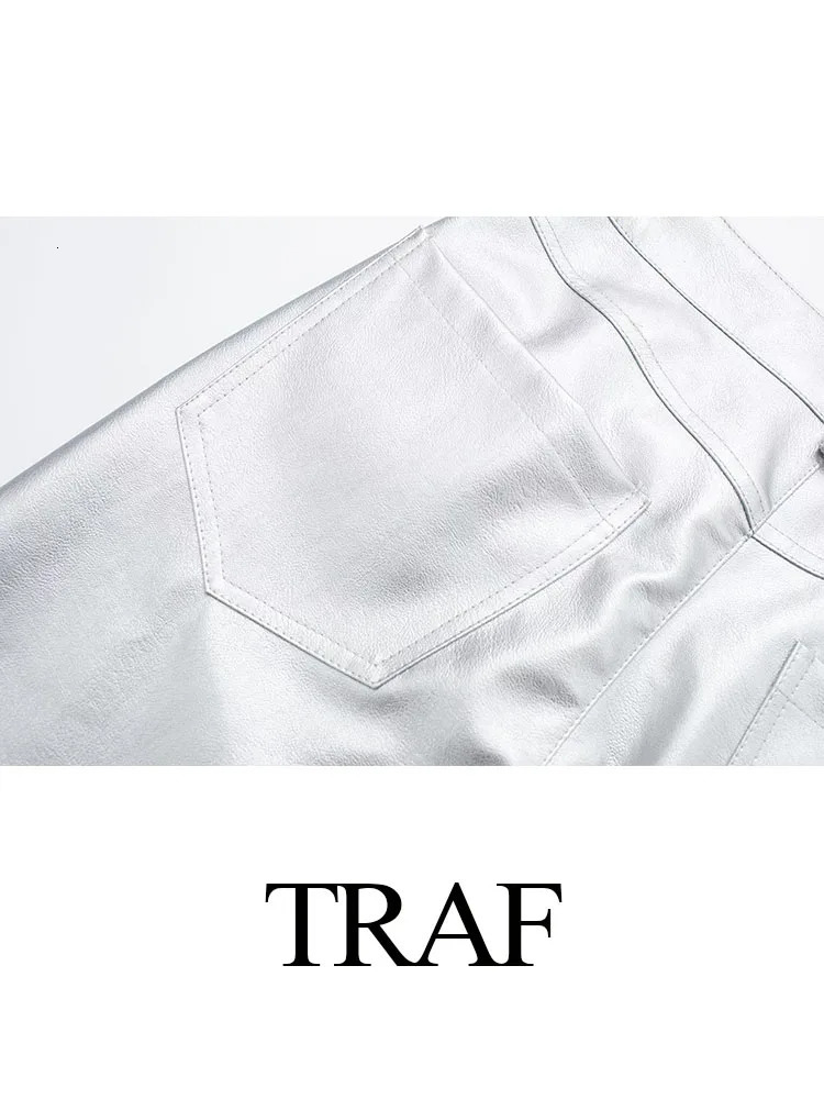 Women s Pants s TRAF 2023 Autumn Women Elegant HIgh Waist Silver Solid Wide Leg With Pocket Pant Woman Fashion Shiny Casual Loose 231201