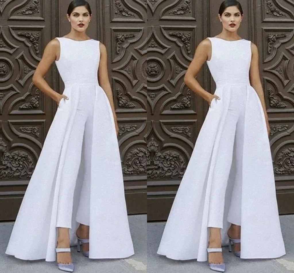 Two Piece Suit Boat Neck Sleeveless Soft Satin Wedding Jumpsuit With Pockets For Women Bride Party Gown Vestido De Noiva