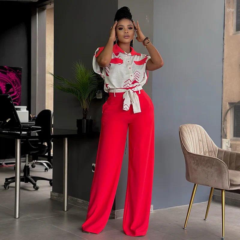 Womens Two Piece Pants Set 2024 Spring Summer Fashion Turn Down Collar Short Sleeve Shirt Strap Wide Leg Pant Elegant Outfits