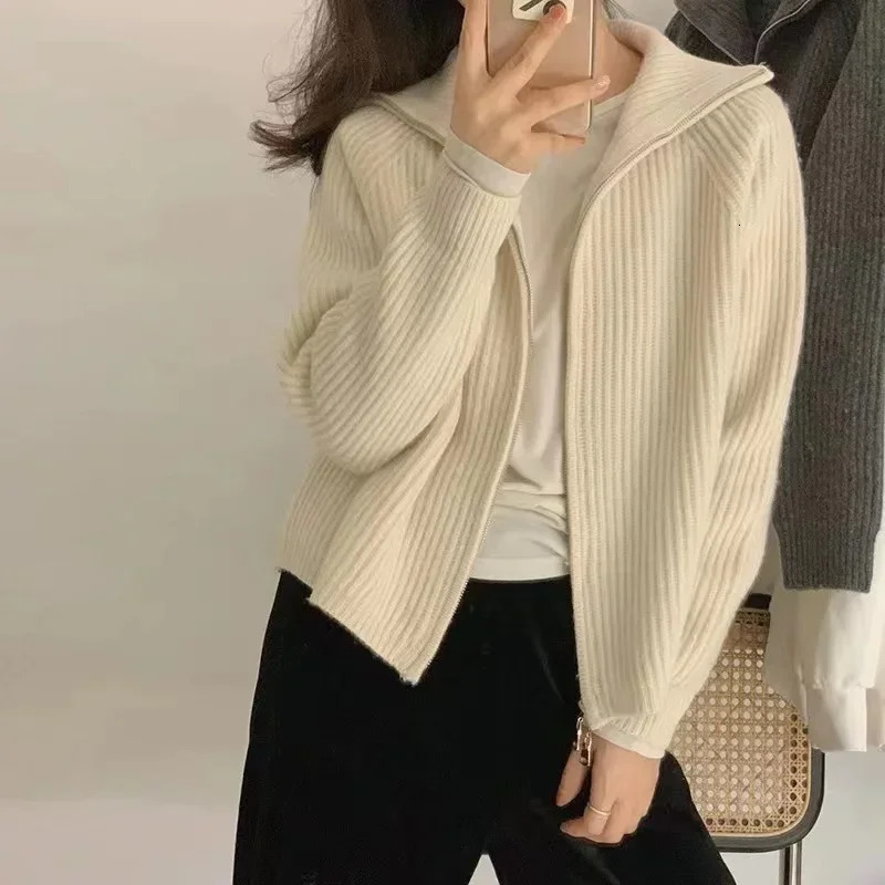 Women's Jackets Autumn Winter Cashmere Cardigan Women 100pure Zipper Lapel Sweater Knitted Loose Wool Coat 231130
