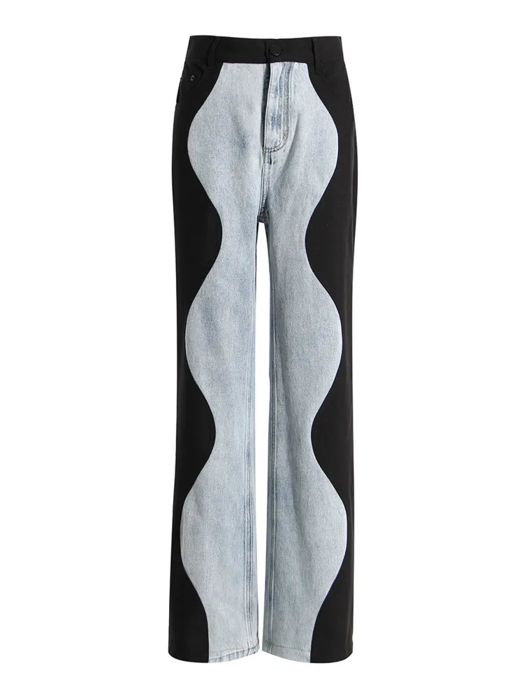 Women's Jeans DEAT Fashion Women's Jeasn High Waist Black Blue Wave Spliced Straight Tube Wide Leg Denim Pants Autumn 17A2517 231130